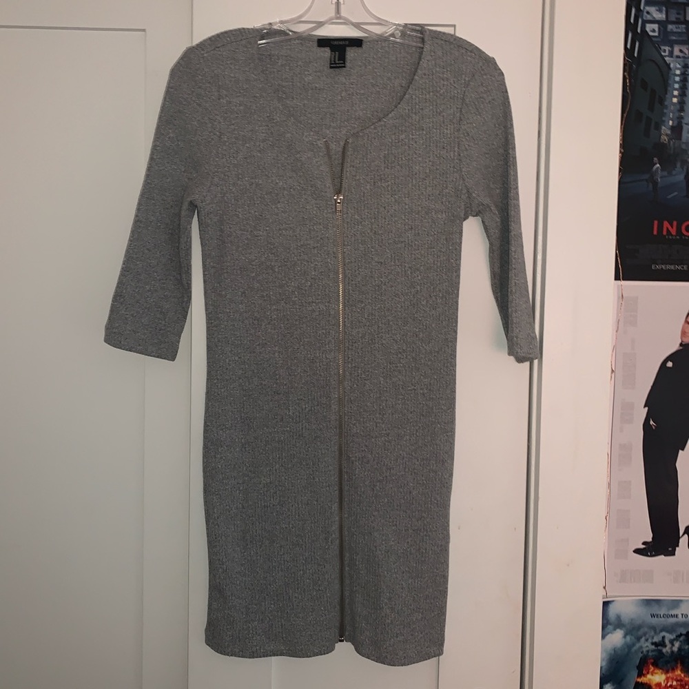 Grey Ribbed Bodycon Dress with Full Front Zip